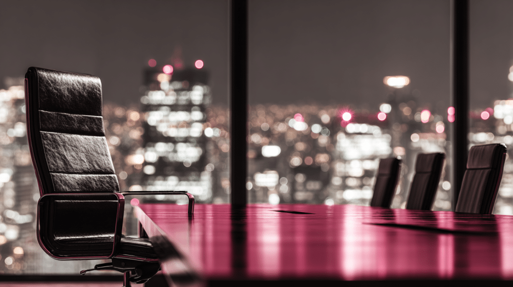 Empty executive chair at the head of a conference table overlooking a city at night, representing the internal committee that decides on vendors before the RFP.